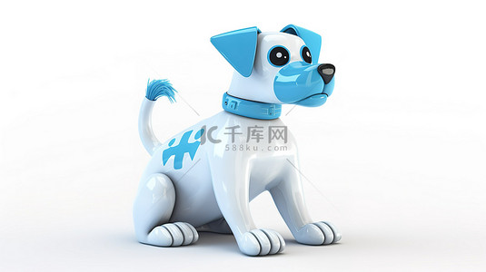 WiFi背景图片_Canine bot 是一款 3D 渲染的机器狗，具有白色背景下的蓝色 wi fi 图标