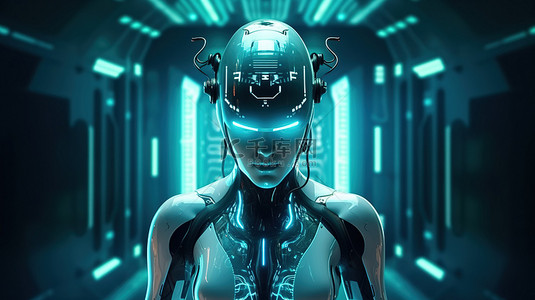 机器人界面背景图片_女性机器人 3D 渲染上的图形显示
