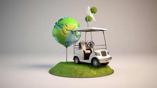 以高尔夫球车和路标为特色的地球地球仪 3D 渲染风格旅行