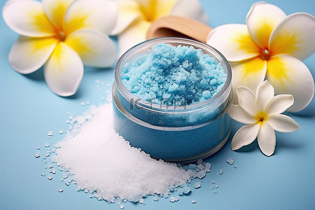 蓝色盐温泉磨砂膏和鲜花