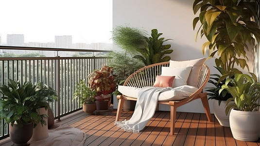 斯堪的纳维亚风格 3D 渲染经典阳台与室外露台室内设计的插图