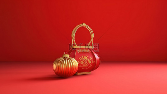 在 3D 渲染背景上用金袋和红灯笼庆祝喜庆的中国新年