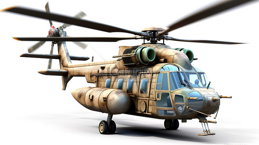 白色背景下全副武装的现代军用直升机在天空中翱翔的 3D 插图