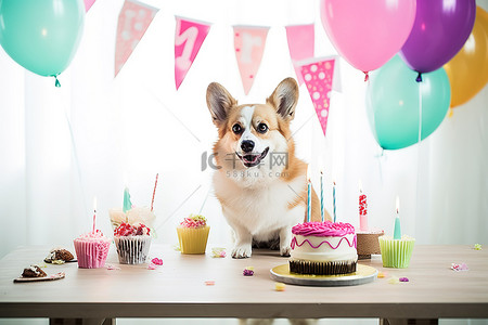 生日蛋糕照片背景图片_柯基犬生日狗照片