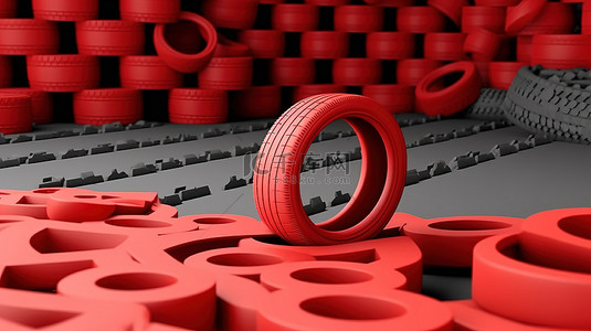 红色单色 3D 渲染儿童游乐场轮胎攀岩墙