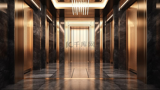 电梯门厅背景图片_商务酒店 3d 渲染中采用现代铜设计的豪华花岗石电梯大堂
