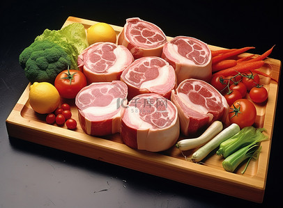 木托盘上放着猪肉，旁边放着蔬菜和水果