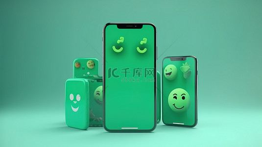 孤立的 3d 智能手机和手机样机的绿色背景表情符号照片