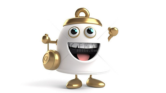 时尚白色洗衣机的角色吉祥物，搭配 3D 渲染的干净白色背景上的古色古香的金色校钟