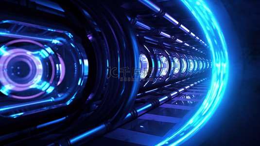 发光隧道背景图片_发光等离子发动机管隧道技术外星飞船背景的 3D 渲染