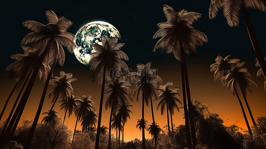 满月和 3D 渲染的棕榈树