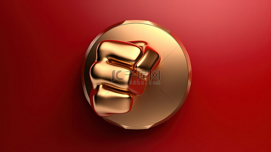 红色社交媒体背景图片_动力冲孔图标 3D 呈现红色哑光金板上金色拳头的社交媒体符号