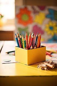 教室里背景图片_教室里的一盒蜡笔和一张纸