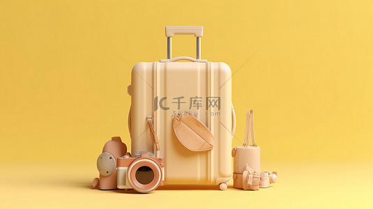 旅行必需品装在手提箱内，搭配柔和的黄色背景 3D 渲染