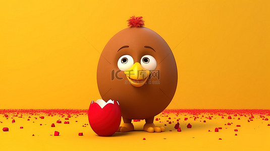 美食背景黄色背景图片_欢快的 3D 渲染吉祥物，是一个棕色鸡蛋人，在阳光明媚的黄色背景上拿着一颗红心