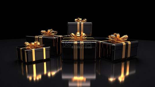 时尚的黑色礼品盒，饰有金色蝴蝶结，搭配别致的黑色背景霓虹灯标志 3D 渲染，适合黑色星期五