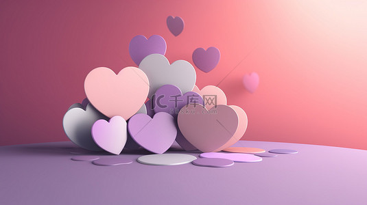 标签爱情背景图片_带纸心和圆形礼品卡的渐变背景的 3D 插图