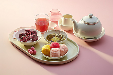 一张桌子，上面有茶水果甜点和筷子