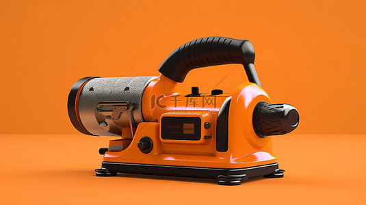 五金工具店背景图片_橙色背景下单色砂带磨光机的 3D 渲染