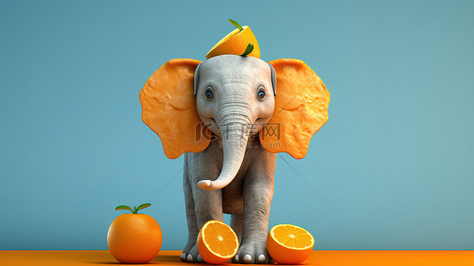 3d卡通大象背景图片_3d 大象拿着橘子，上面有有趣的插图