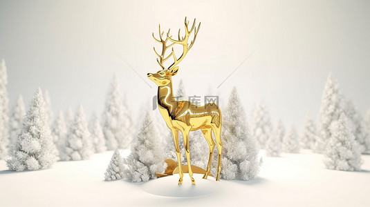 雪地基座上的 3d 渲染模型驯鹿和金色圣诞树