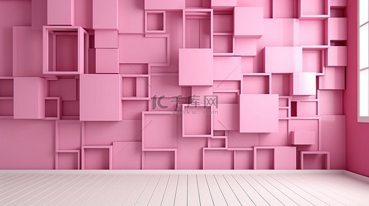 简单的粉红色墙，白色木质背景上带有抽象 3D 渲染的方形形状