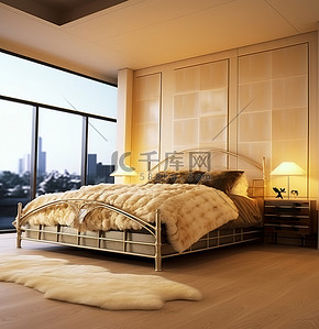 大床背景图片_卧室铺有木地板，配有一张银色大床
