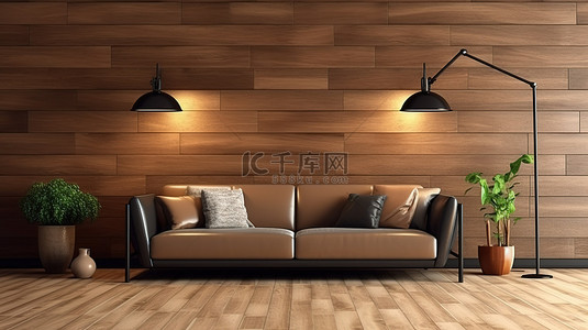 客厅内部的 3D 渲染，配有灰色沙发木台灯和纹理木墙和地板