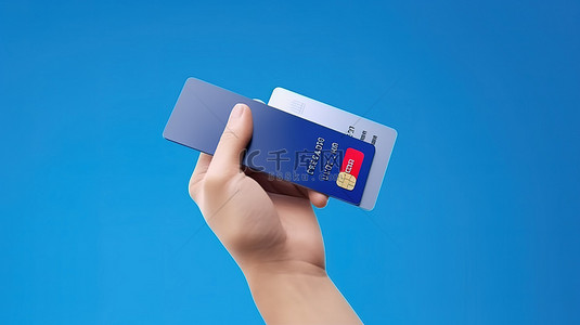 信用卡和手机在手，蓝色隔离背景 3D 渲染