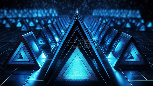中心有发光蓝色三角形的深色抽象背景的 3D 渲染