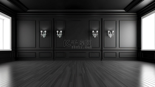 客房背景图片_简约的豪华客房设计，白色木地板上有黑色墙壁，3D 创建