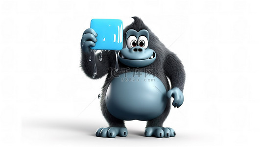 大猩猩背景图片_滑稽的 3D 大猩猩抓住玻璃水滴和标志