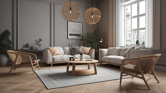 现代斯堪的纳维亚风格的家具装饰现代室内 3D 渲染的客厅