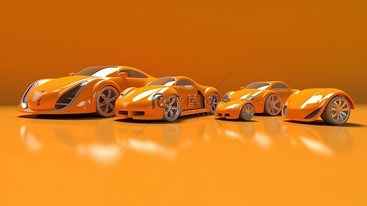 创意 3D 插图中充满活力的橙色赛车