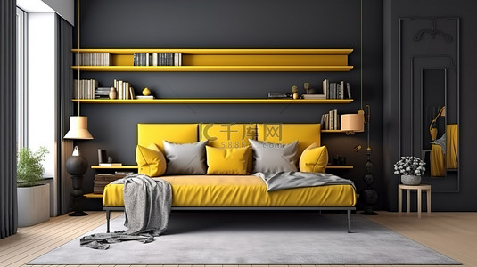 单身宿舍背景图片_现代双床宿舍配有黄色书柜和灰色墙壁，时尚的 3D 室内设计概念