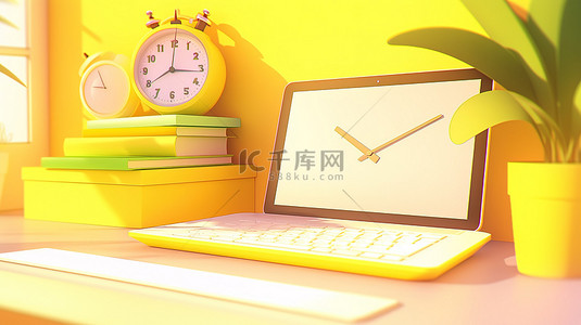 充满活力的黄色工作区，带有 3d 渲染闹钟彩色铅笔和笔记本电脑