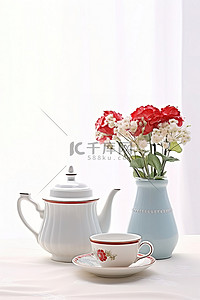 白桌上的咖啡壶和一杯茶