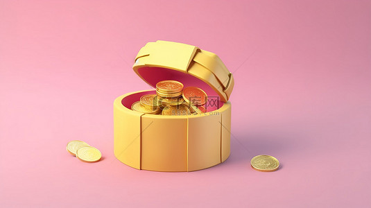 礼品盒中 3D 渲染硬币的插图 带有卡通风格的金钱奖励和捐赠的创意概念