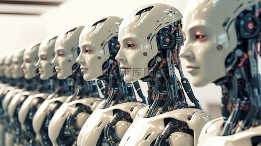 一排美女背景图片_未来派女性机器人军队的形成 3d 渲染一排强大的机器人