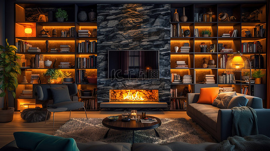 书架的插画背景图片_带有夜间氛围电视书架和壁炉的客厅的 3D 渲染插画设计