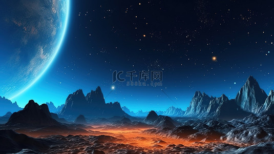 蓝色橙色背景图片_超凡脱俗的地形蓝色照亮的星球与橙色山脉星空和月球的存在3D 渲染