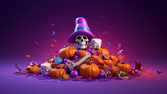 重写的标题怪异万圣节场景女巫帽子骨头头骨坟墓和彩色糖果和甜点漂浮在紫色背景上 3D 渲染