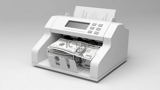白色背景上的 atm 模型的 3d 渲染，带有空白购物收据打印输出