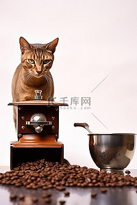 一只猫站在咖啡研磨机旁边，前面有什么东西