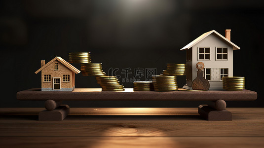 平衡和背景图片_平衡和财富概念 3D 渲染投资硬币和混凝土板上的房子