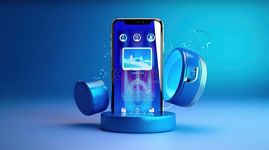 程序小背景图片_3D 渲染蓝色手机，配有扬声器和音乐小部件，用于欣赏音乐有声读物和播客