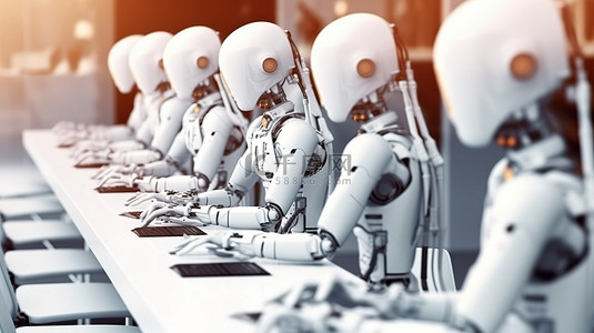 数字化工作背景图片_从事计算机工作的女性机器人或机器人的未来工作场所 3D 渲染