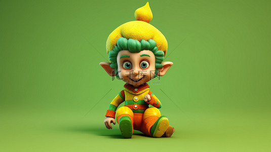 穿着黄色和绿色小丑服的顽皮精灵的 3D 插图