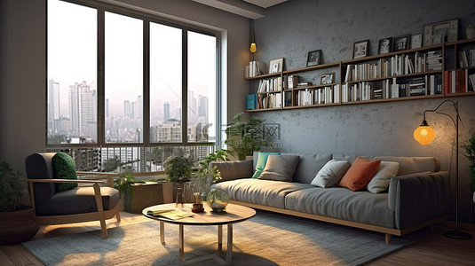 公寓或房屋中舒适的生活空间的 3D 渲染