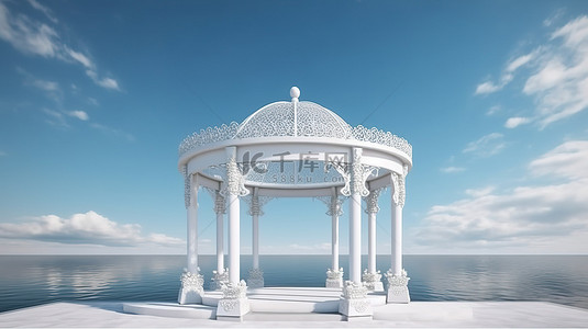 在 3D 渲染中以令人惊叹的大海为背景的婚礼亭